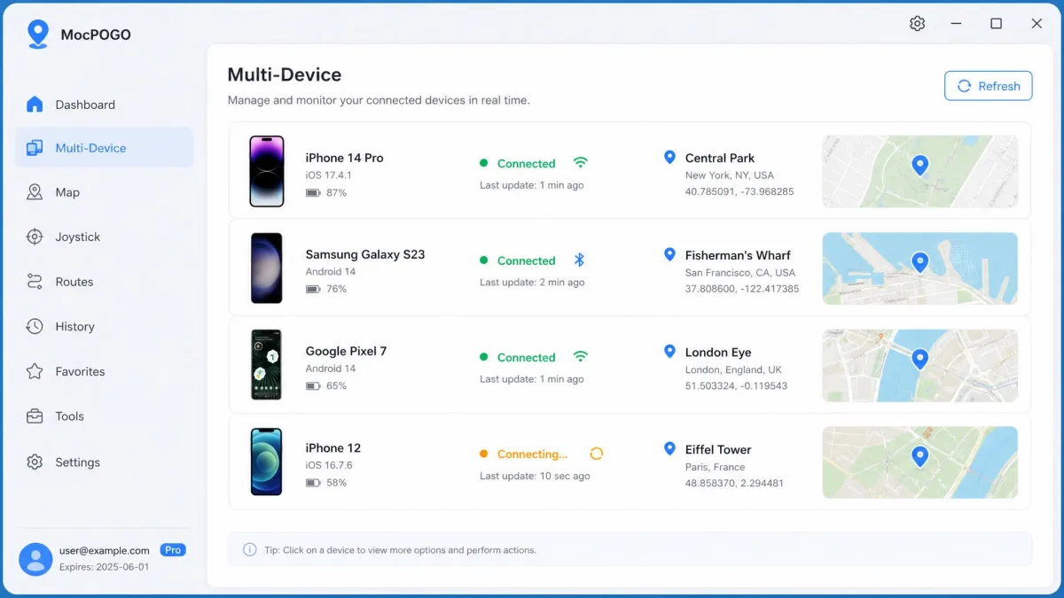 MocPOGO desktop app multi-device panel listing four connected phones with individual location pins and connection status indicators for each.