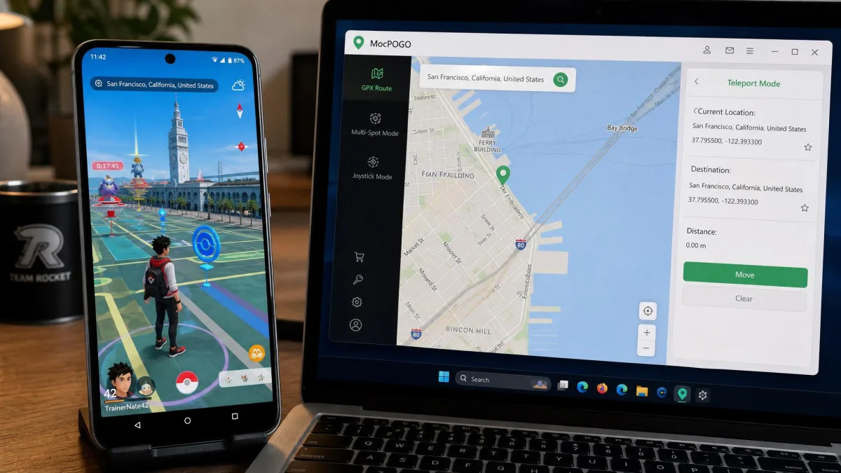 An Android phone screen showing Pokemon GO with the avatar placed in a spoofed downtown location, next to a laptop running the MocPOGO desktop app with the matching pin selected.