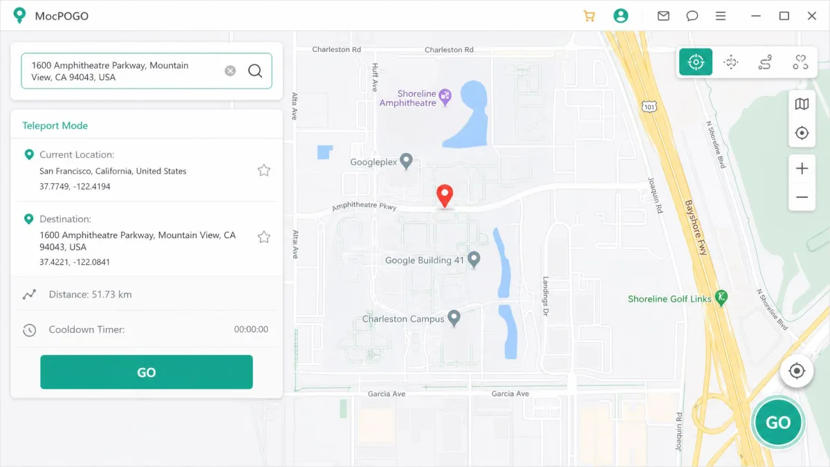 The MocPOGO teleport screen with a destination typed into the search bar and a red pin dropped on the resulting street, the GO button highlighted in the lower right corner.
