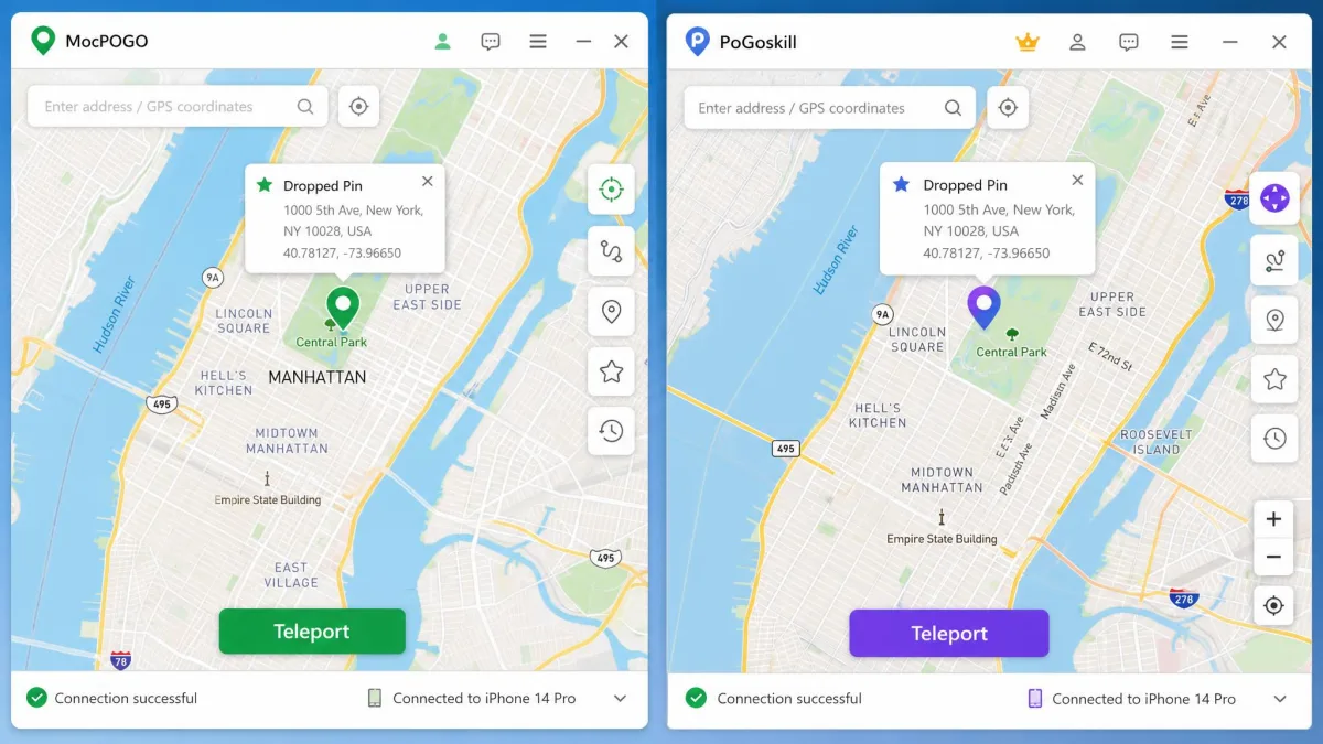 Side-by-side screenshots of the MocPOGO and PoGoskill desktop map screens, each showing a dropped pin on a city map with the teleport button and connection status bar visible.