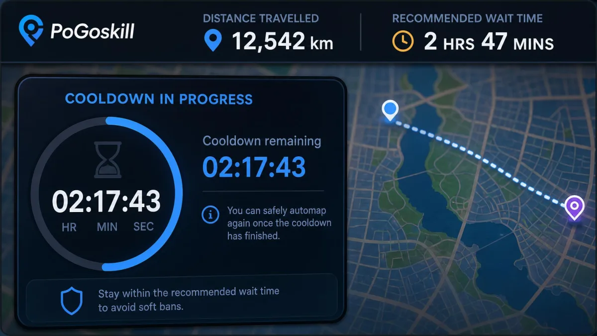 Close-up of the PoGoskill cooldown timer panel counting down after a long-distance jump, with the distance travelled and recommended wait time displayed above the map.