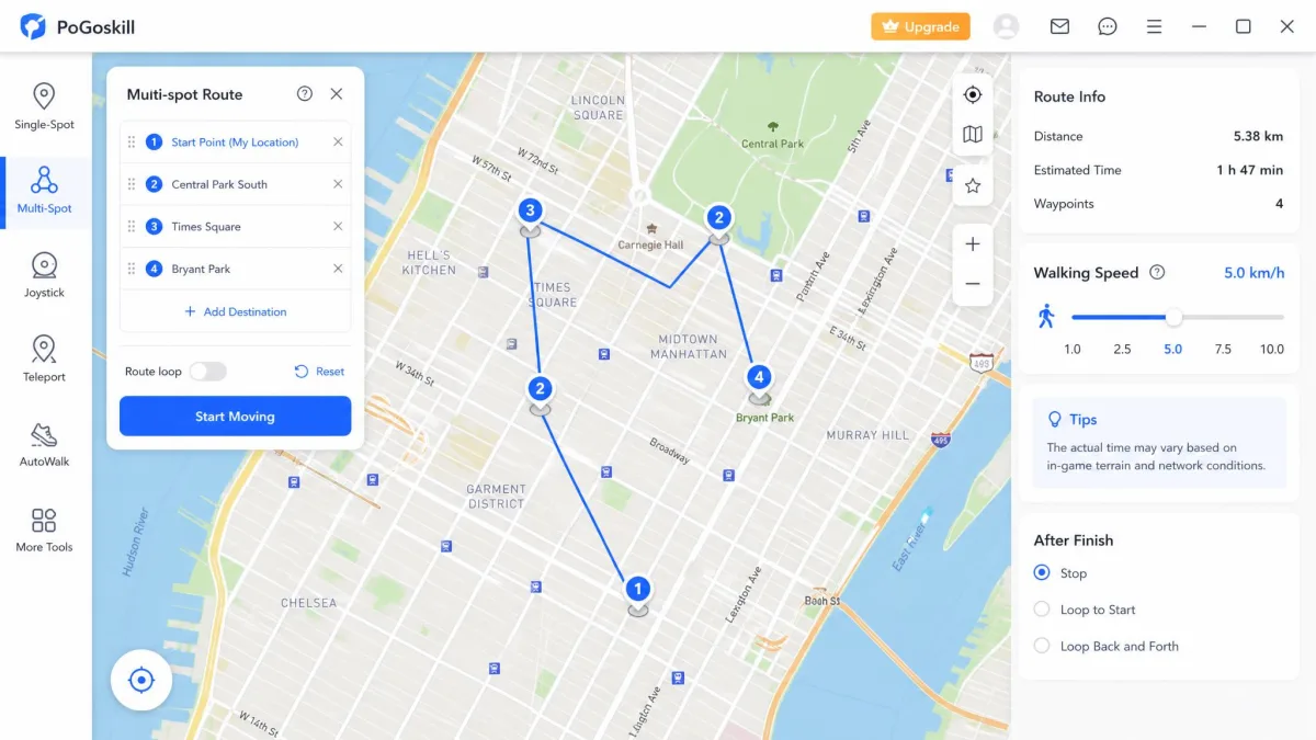 PoGoskill multi-spot route mode showing four numbered waypoints connected across a city map, with the walking speed slider and estimated travel time panel on the right.