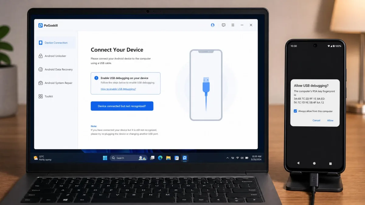 PoGoskill's device connection screen on a Windows laptop prompting the user to enable USB debugging, with an Android phone showing the allow-debugging dialog beside it.