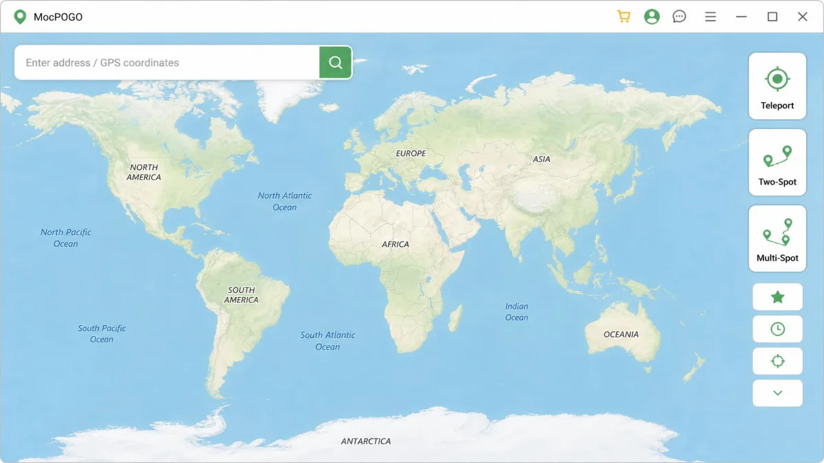 MocPOGO's Windows window showing a world map, the address search box at the top and the Teleport, Two-Spot and Multi-Spot buttons in the right-hand toolbar.