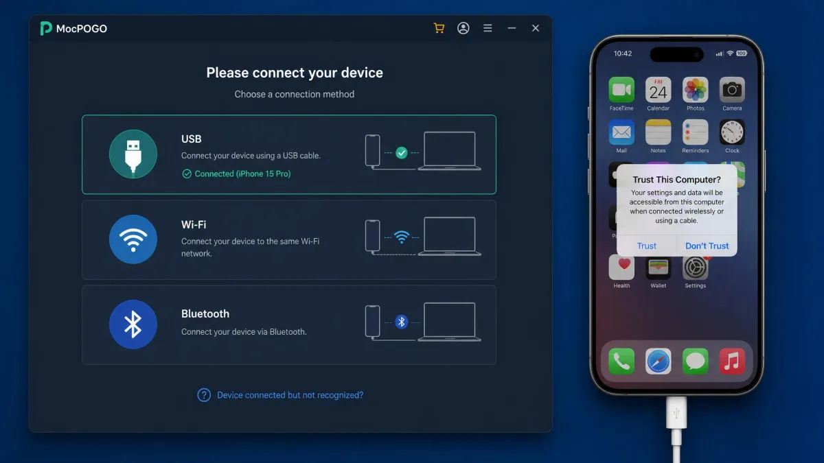 MocPOGO's connection screen listing USB, Wi-Fi and Bluetooth options, with an iPhone connected over USB and the iOS Trust prompt visible on the phone.