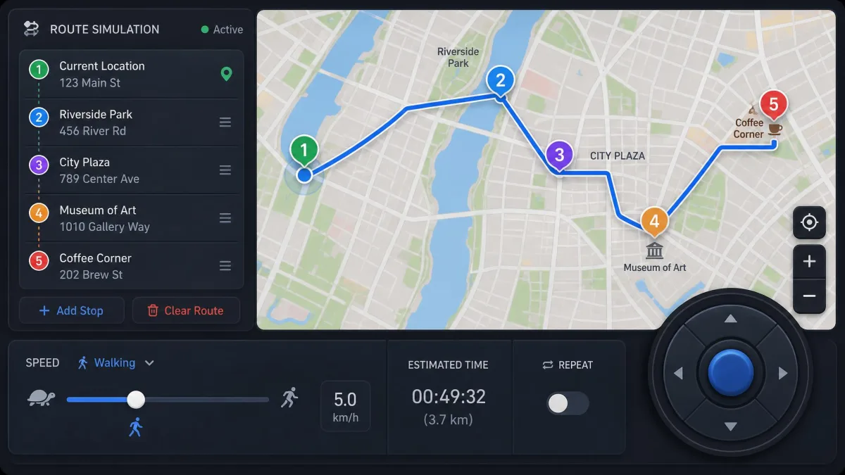 Close-up of a location changer's route simulation panel, showing a multi-stop path drawn across a city map, a speed slider set to walking pace, and a circular joystick control in the lower corner.