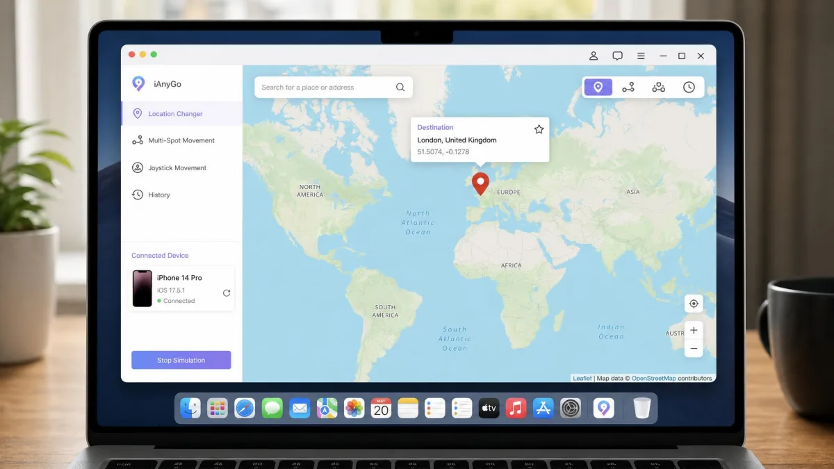 A desktop iOS location changer app open on a laptop, showing a world map with a search bar, a red destination pin dropped on a city centre, and a connected iPhone listed in the sidebar.