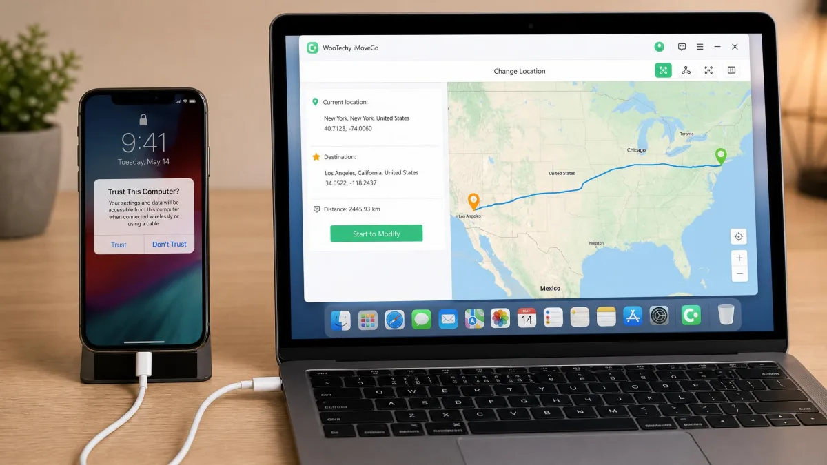 An iPhone connected by a white USB cable to a laptop running location changer software, with the phone showing the Trust This Computer prompt on screen.