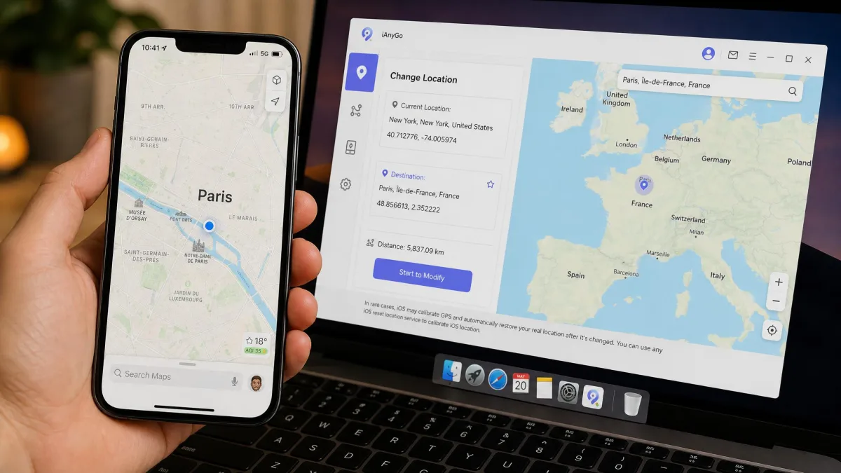 An iPhone screen showing the Maps app with the blue location dot placed in a different city from the user's real position, held next to a laptop running location changer software.