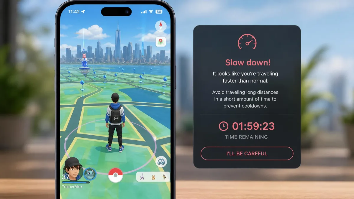 A smartphone showing a location-based game map with the avatar standing in a distant city, next to an on-screen cooldown countdown warning about rapid location jumps.