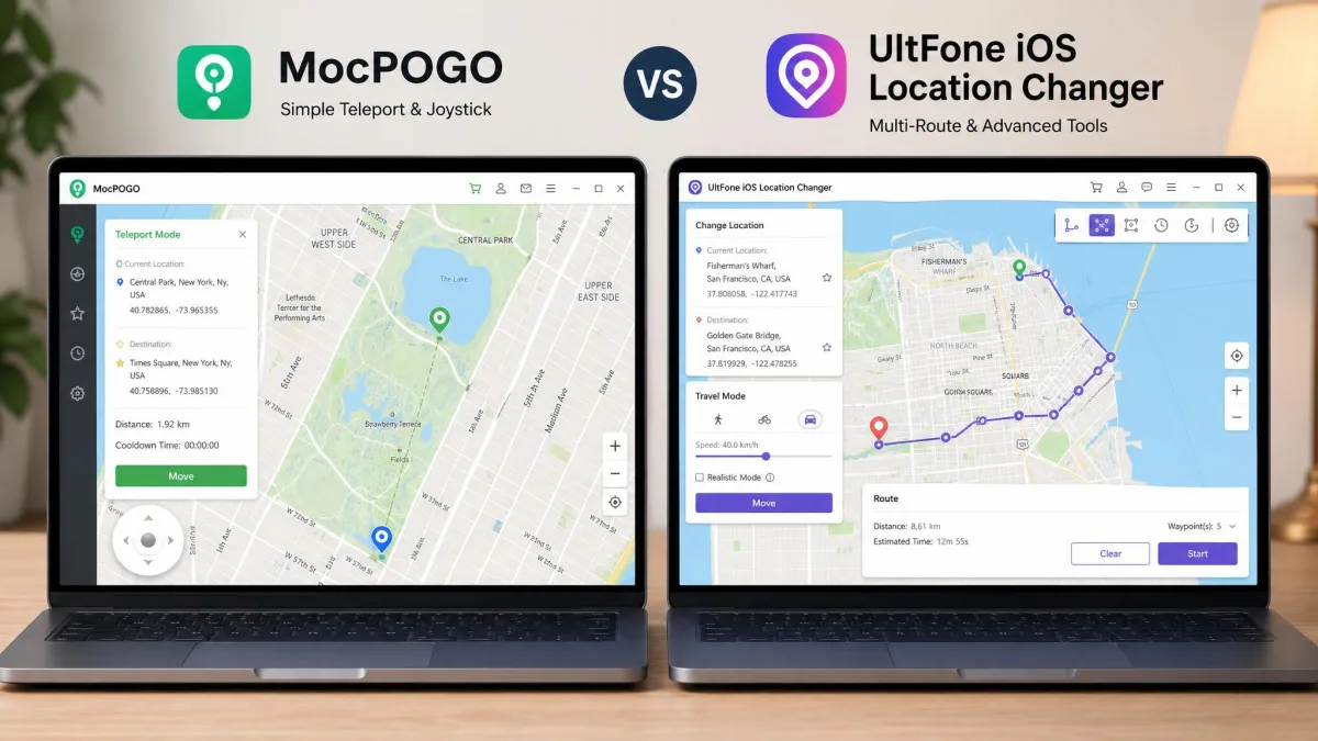 Two laptop screens side by side, the left showing MocPOGO's map and teleport panel and the right showing UltFone iOS Location Changer's map and route tools, for a direct feature comparison.