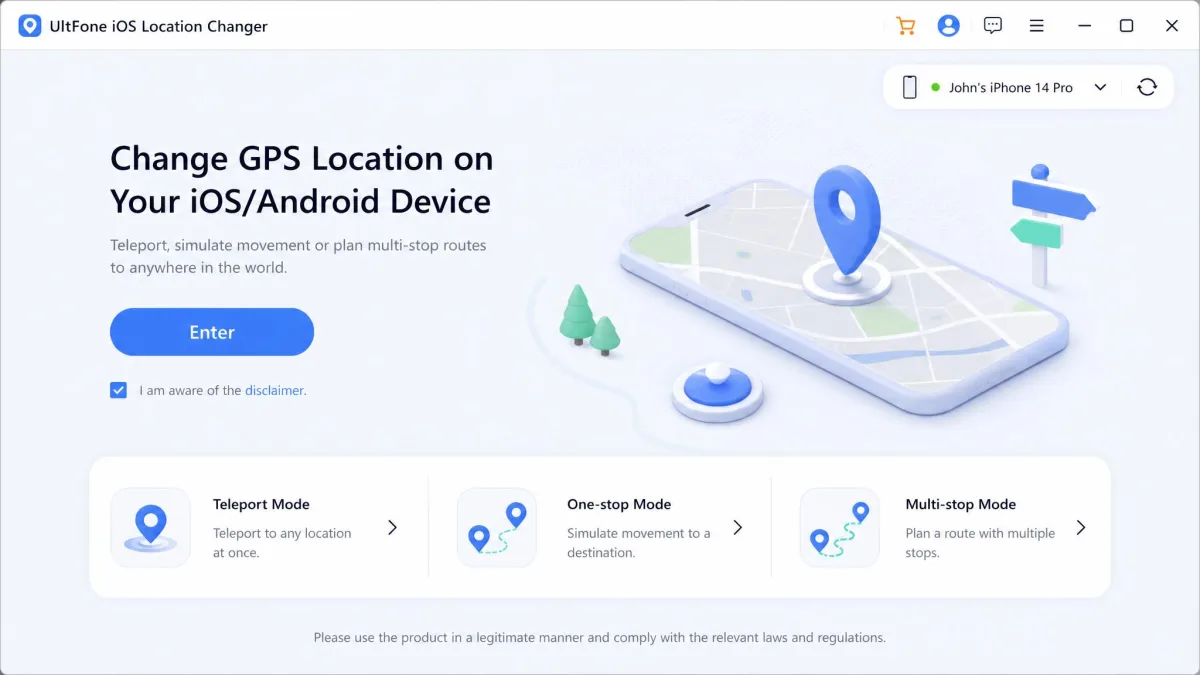 UltFone iOS Location Changer's start screen on Windows, showing the Enter button, a connected iPhone name in the corner and the mode selector for teleport, one-stop and multi-stop movement.
