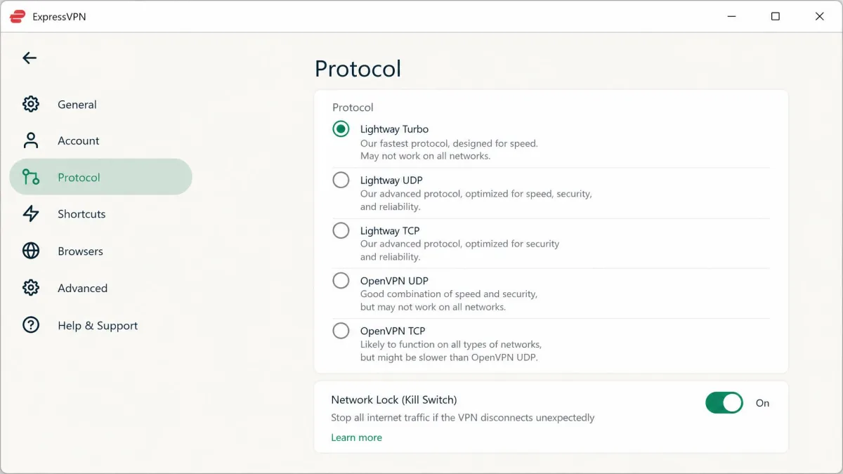 ExpressVPN's protocol settings screen on Windows with Lightway Turbo selected and the kill switch toggle turned on.