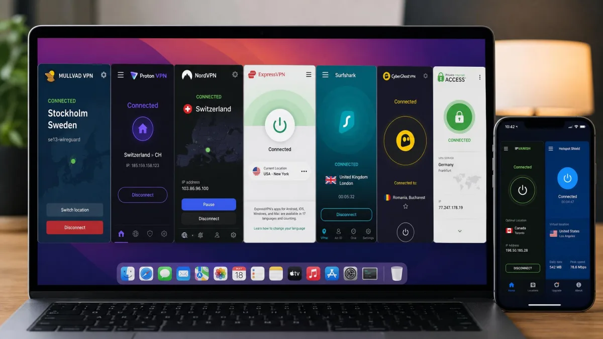 Seven VPN apps open side by side on a laptop and phone, including Mullvad, Proton VPN and NordVPN, each showing a connected status screen.