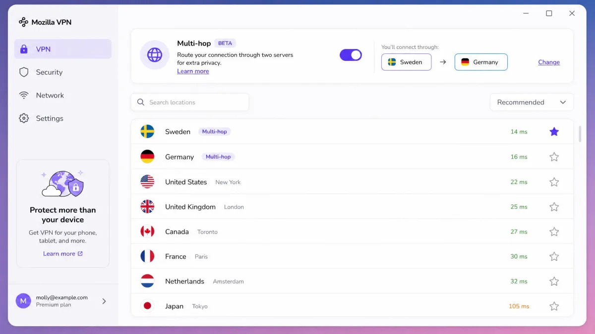 Mozilla VPN's desktop app showing its server location list with a multi-hop toggle at the top of the screen.