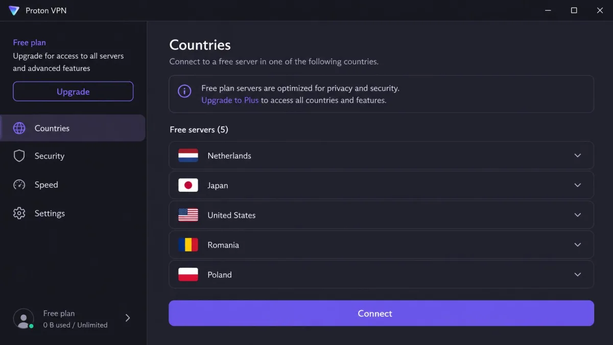 Proton VPN's Windows app on the free plan, showing the list of free server countries and a Connect button.