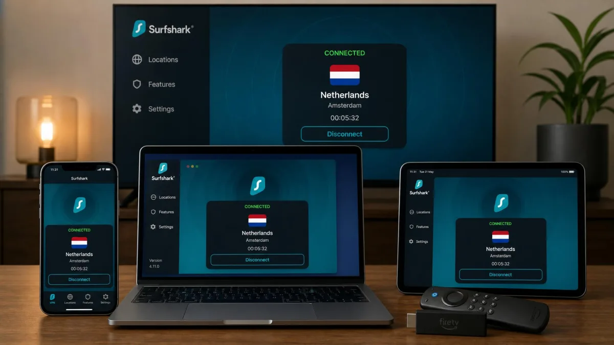 Surfshark connected on a phone, laptop, tablet and Fire TV stick at the same time, each app showing the same Netherlands server.