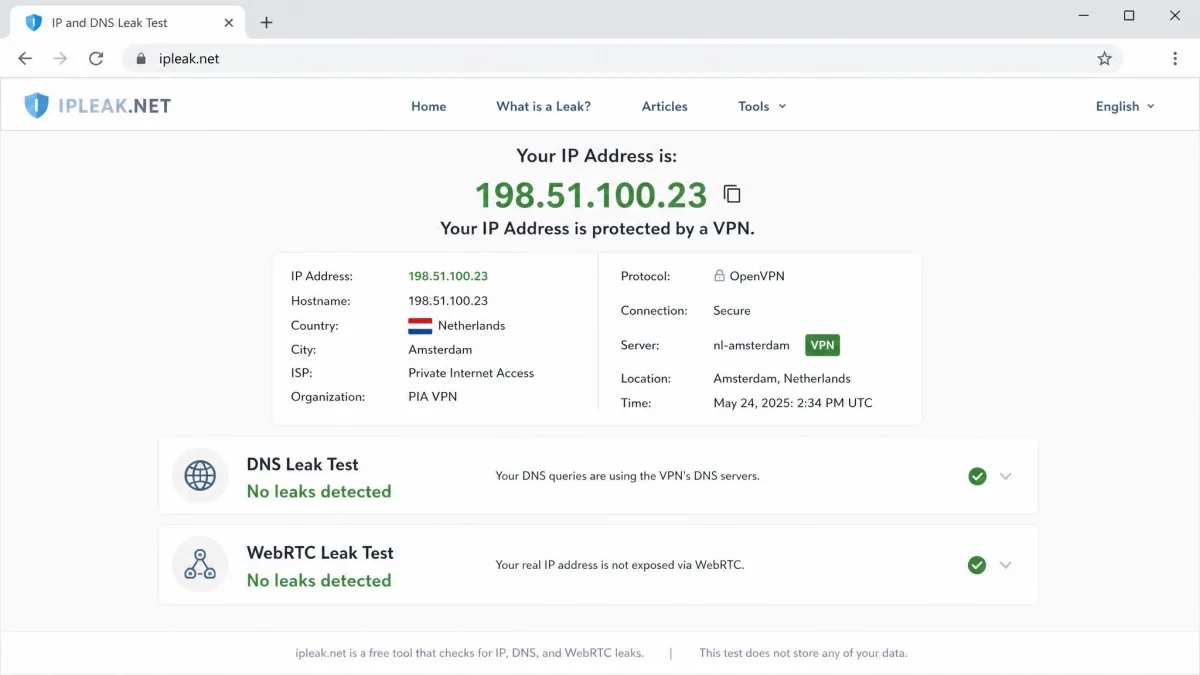 A browser leak-test page showing no DNS or WebRTC leaks while connected to a VPN server, with the VPN's IP address displayed at the top.