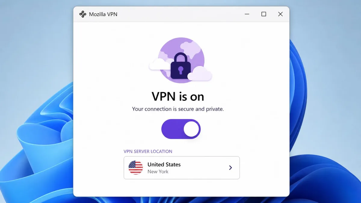 The Mozilla VPN Windows app in its connected state, showing a single large on/off toggle, the selected server location, and the minimal one-panel interface with no advanced settings visible.