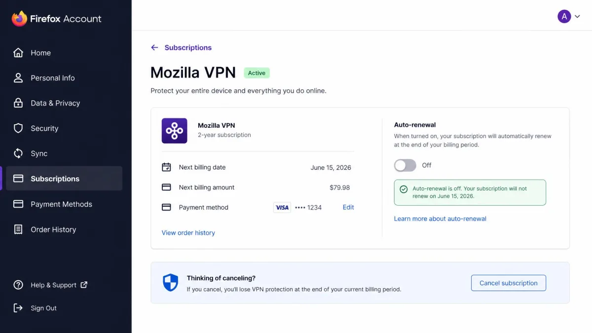 Firefox account subscription settings screen showing the auto-renewal toggle switched off for Mozilla VPN, the first step to cancel the subscription.
