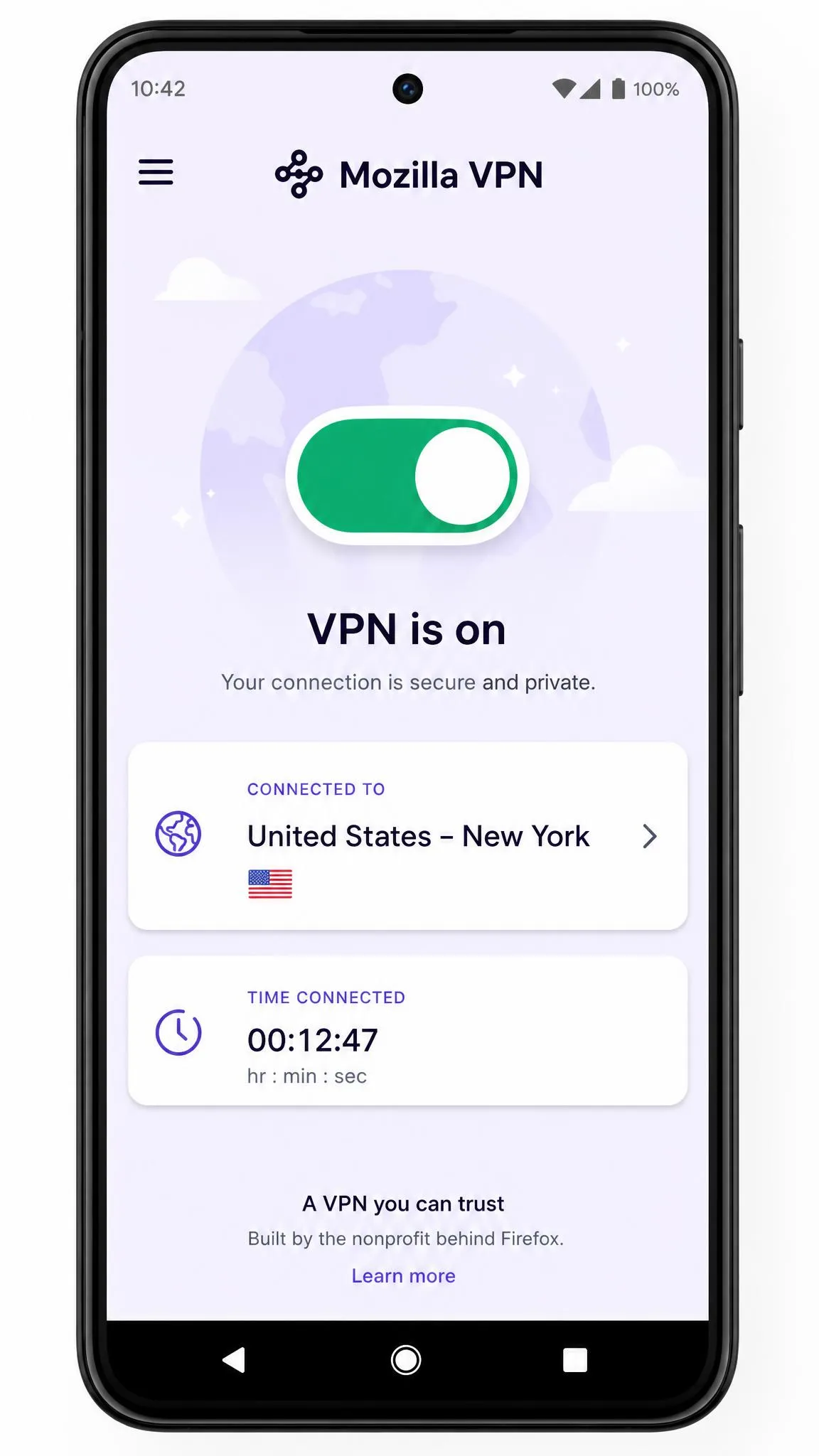 Mozilla VPN Android app on a phone screen showing the single connection toggle in the on position with the connected server location and elapsed session time.