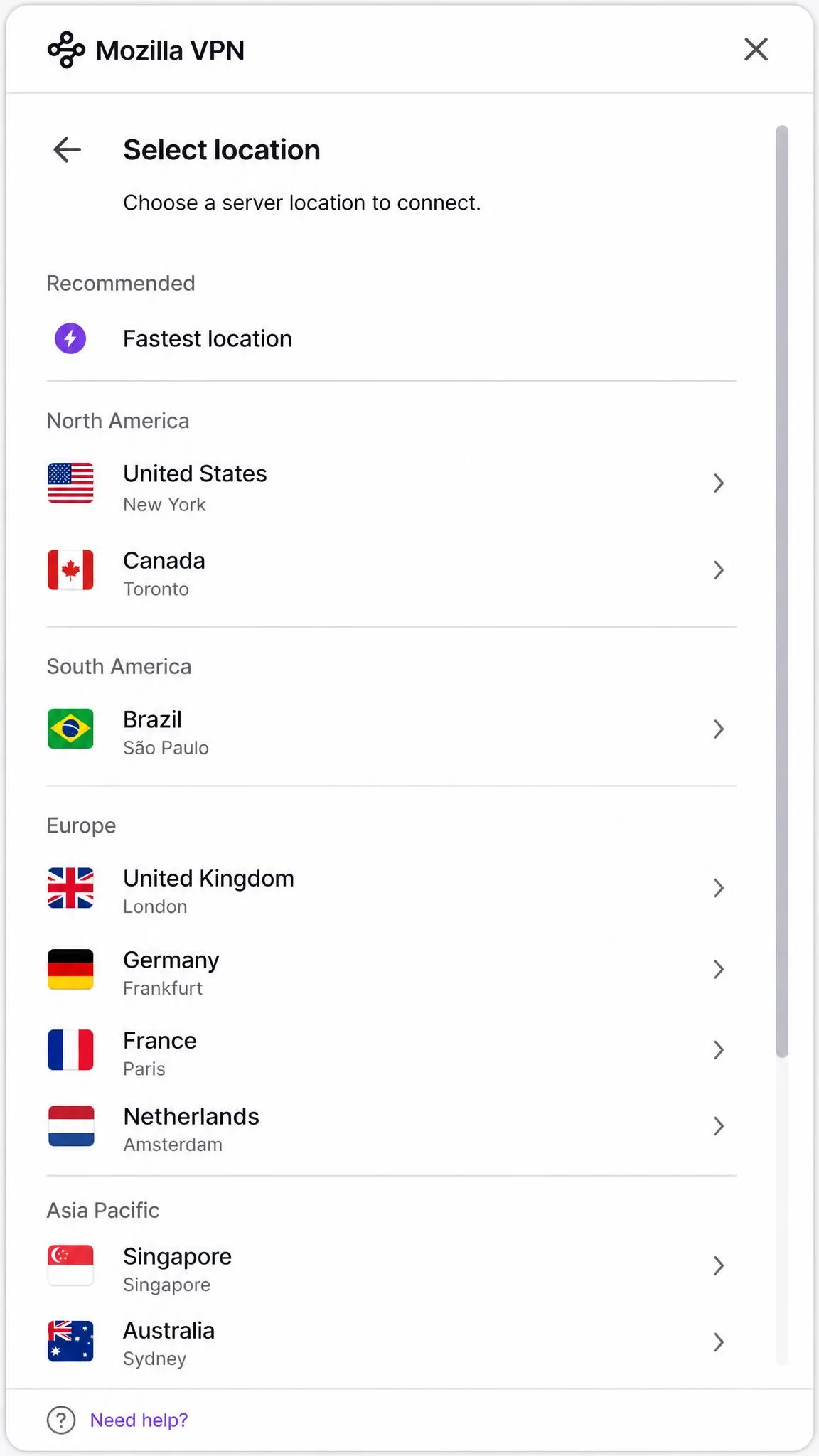 Mozilla VPN server location list showing a scrollable menu of countries and cities with flags, illustrating the comparatively short list of available server locations.