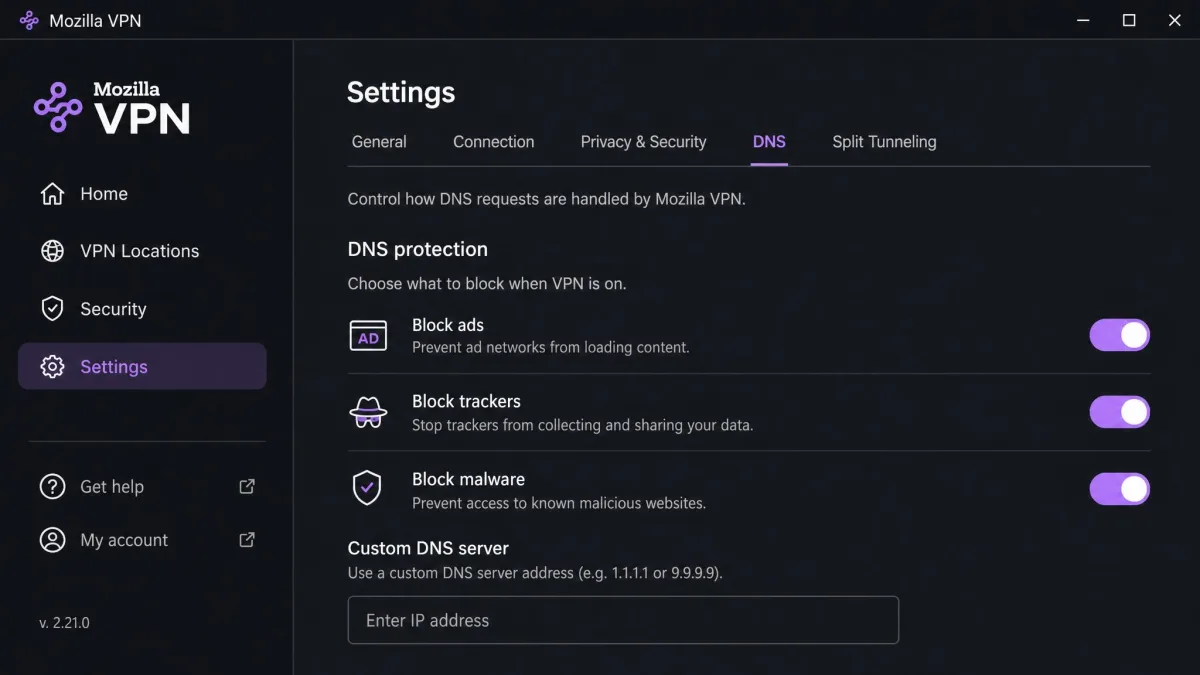 The Mozilla VPN settings screen with the DNS section open, showing toggles for blocking ads, trackers and malware alongside the custom DNS server field.