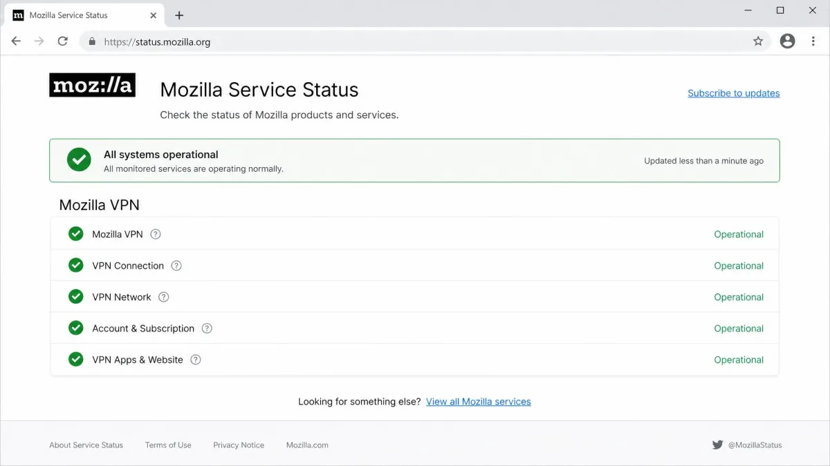 Mozilla service status page in a browser showing operational indicators for VPN services, used to check whether Mozilla VPN is down before troubleshooting.