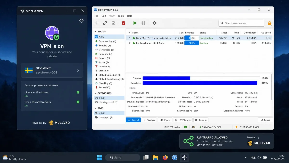 Mozilla VPN running alongside a torrent client on desktop, illustrating that P2P traffic is permitted across the Mullvad-backed network.