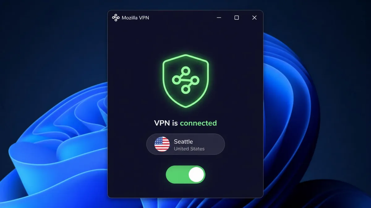Mozilla VPN's Windows desktop app in the connected state, showing the shield icon lit, the selected server location and the single connect toggle with no other controls on screen.