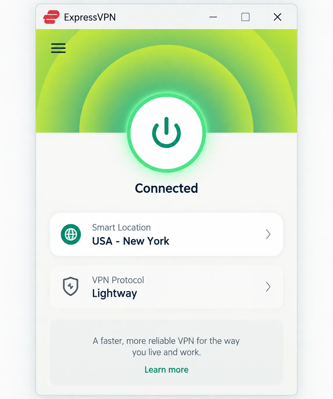 The ExpressVPN app connected through its Smart Location, with the large round connect button lit and Lightway shown as the protocol.