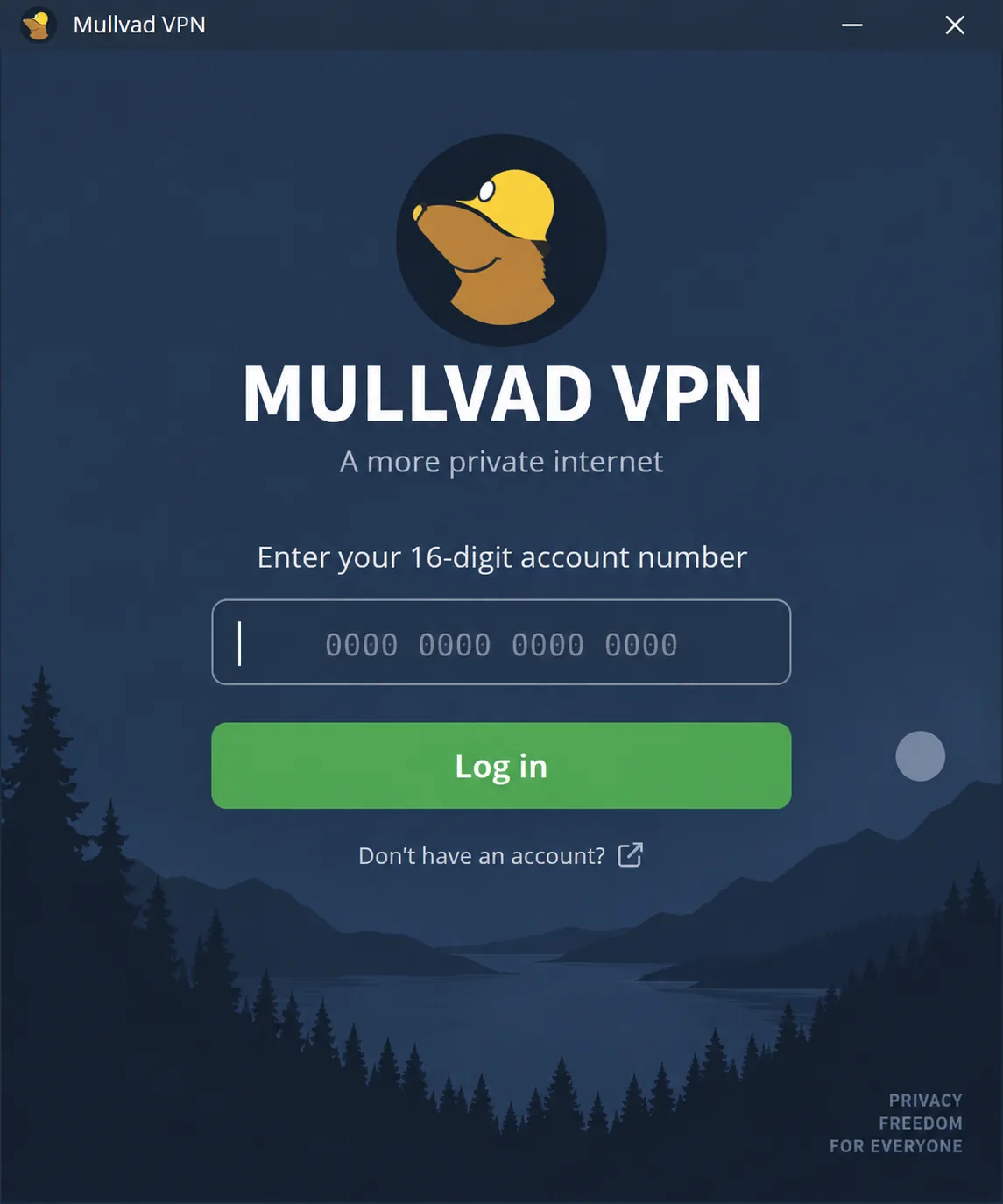 The Mullvad VPN login screen asking only for a 16-digit account number, with no email or password field.