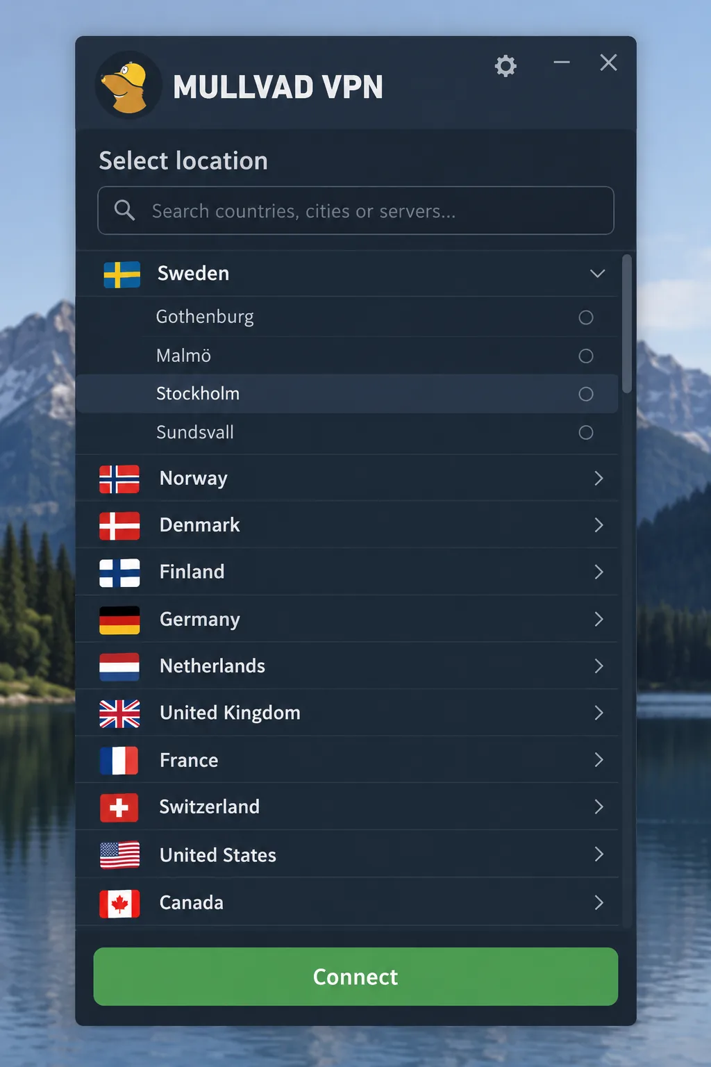 The Mullvad VPN desktop app with its server location list expanded, showing countries and cities above the green connect button.