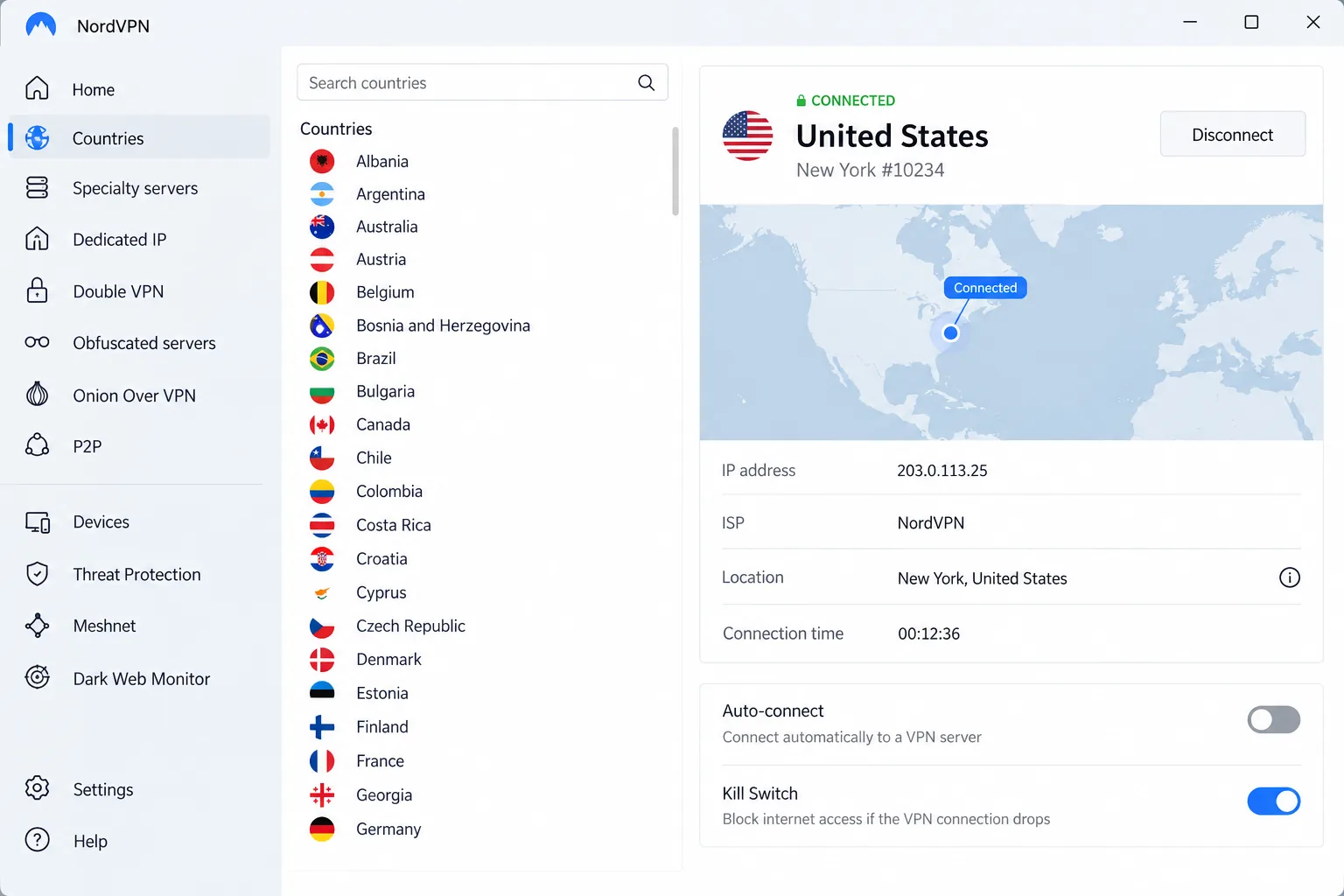 The NordVPN desktop app connected to a US server in list view, with the Dedicated IP option visible in the sidebar.