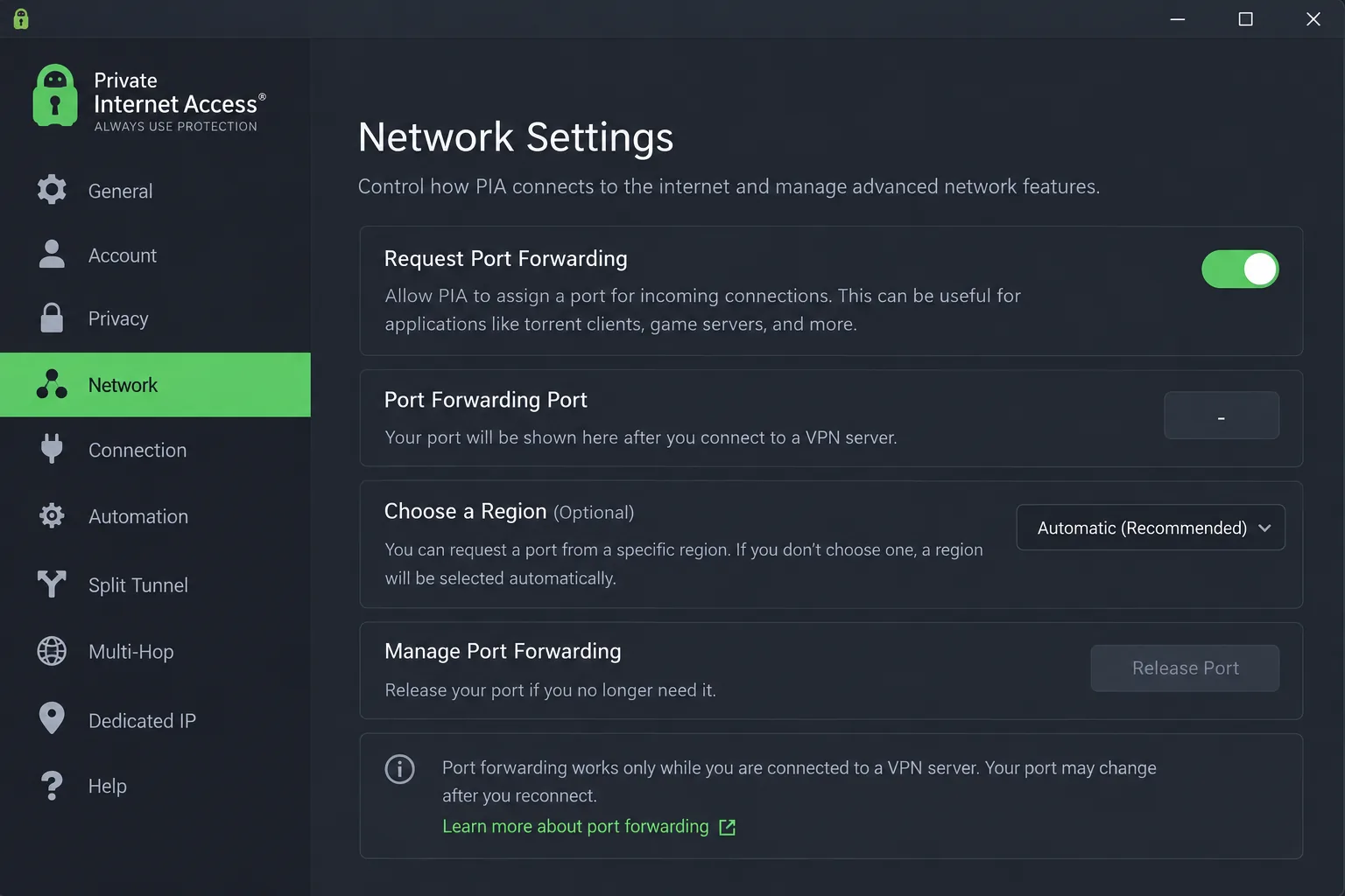 The Private Internet Access desktop settings panel with the Request Port Forwarding toggle switched on.