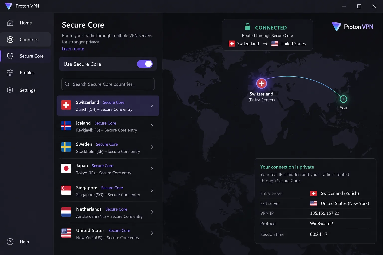 The Proton VPN Windows app showing the Secure Core country list, with traffic routed through a Swiss entry server.