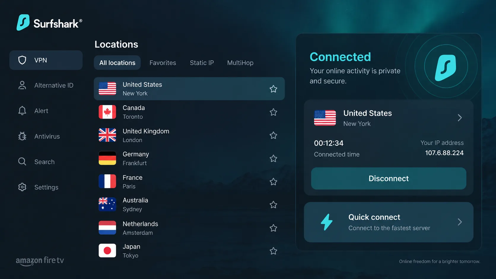 The Surfshark app on an Amazon Fire TV screen, connected to a US server, with the server list beside a quick-connect tile.