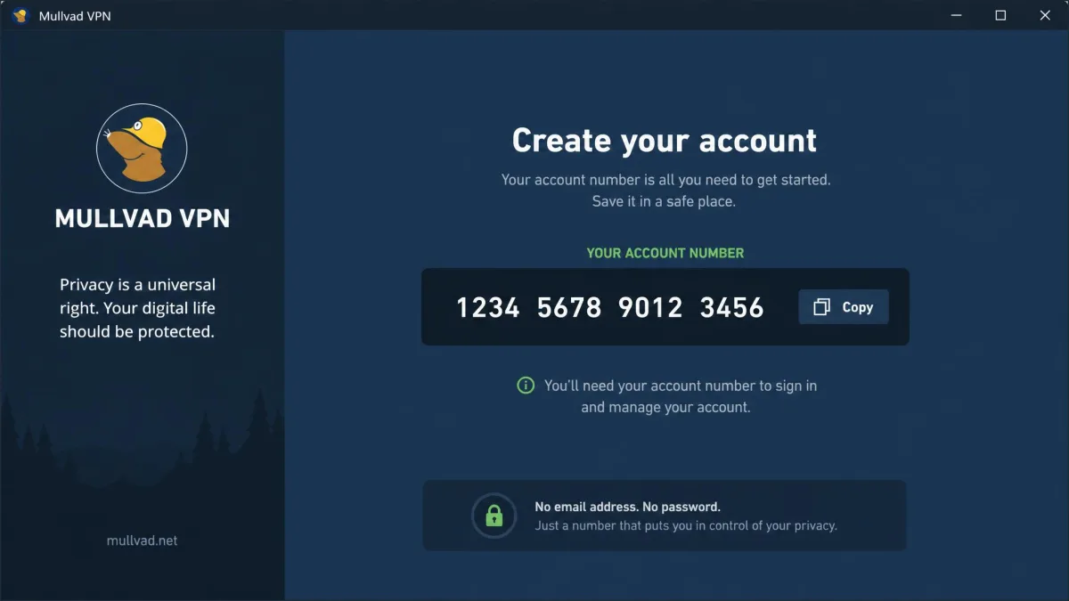 Mullvad's signup screen displaying a freshly generated 16-digit account number with a copy button, and no email or password fields anywhere on the form.