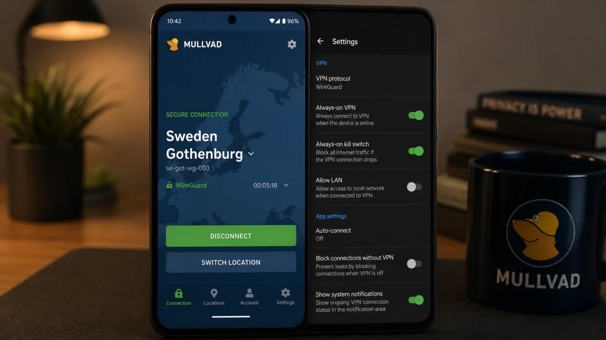 Mullvad Android app on a phone showing a secured WireGuard connection with the country and city selector and the always-on kill switch enabled in settings.