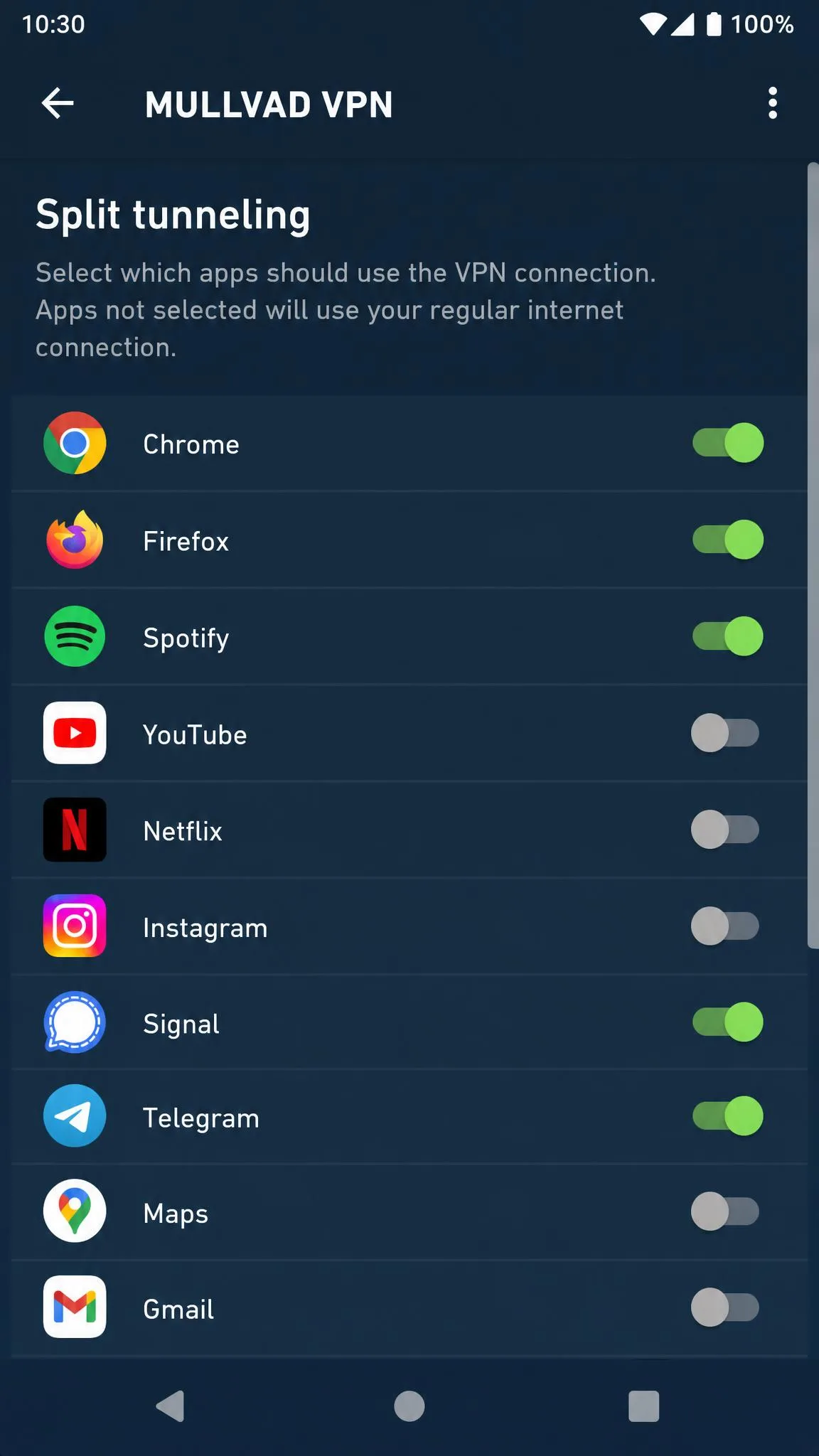 The Mullvad Android app showing the split tunneling screen with a scrollable list of installed apps and toggle switches next to each one.