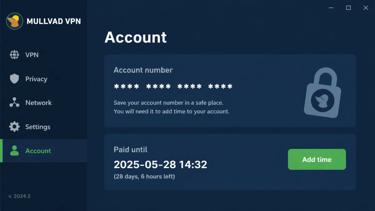 Mullvad account screen displaying a masked 16-digit account number with the remaining paid time and an Add time button, and no email or username field anywhere on the page.