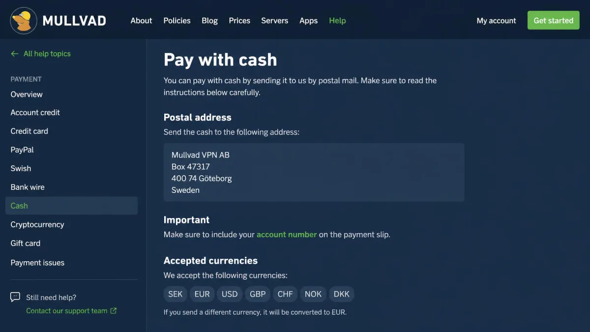 Mullvad's cash payment help page showing the Gothenburg postal address, the note to include the account number on the payment slip, and the list of accepted currencies.