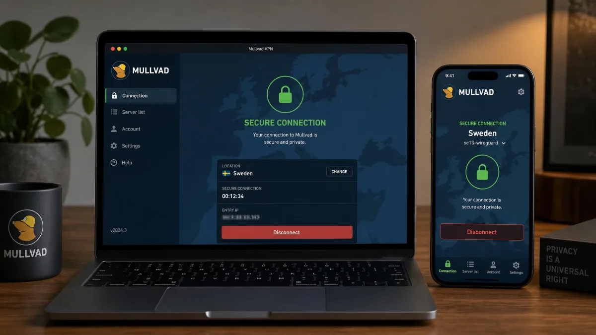 Mullvad app on a laptop showing a secured connection next to a phone running the mobile app, illustrating the anonymous privacy-first VPN across devices.