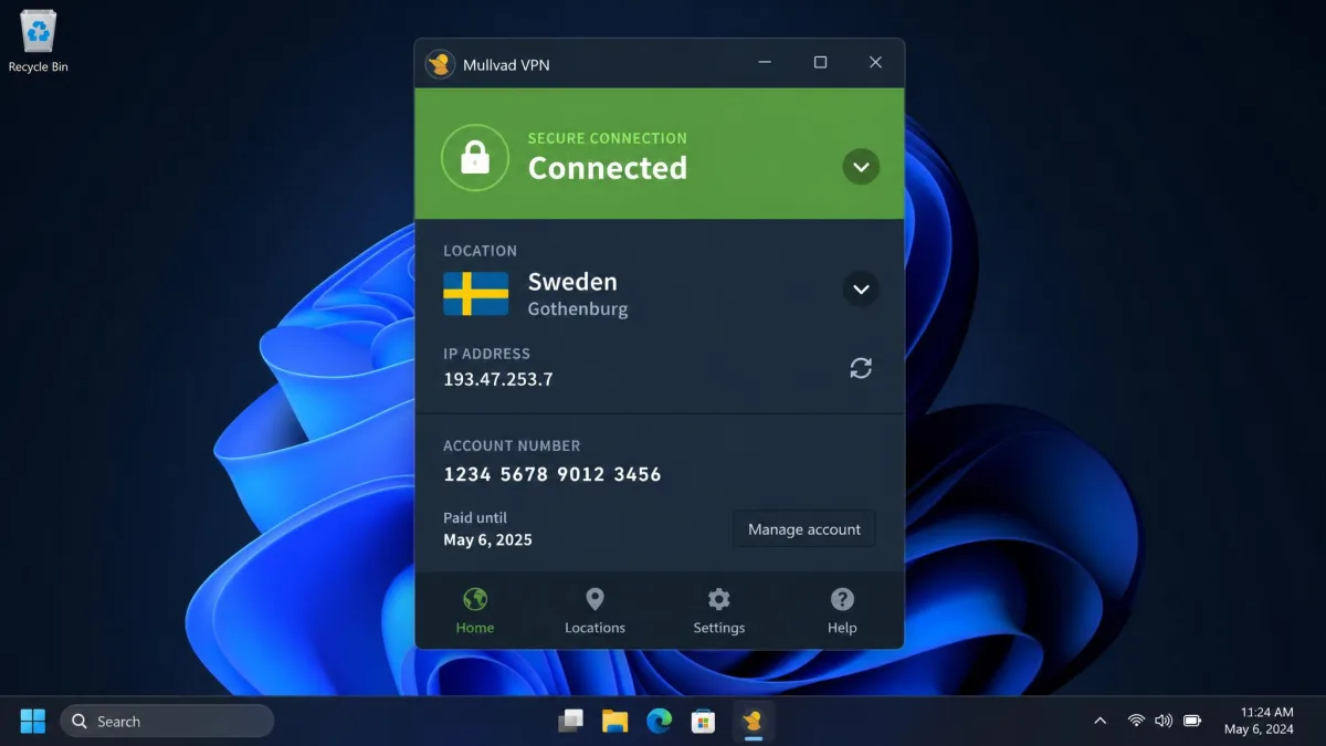 Mullvad's Windows desktop app in the connected state, showing the green secure connection banner, the chosen Sweden server location, and the account number panel below.
