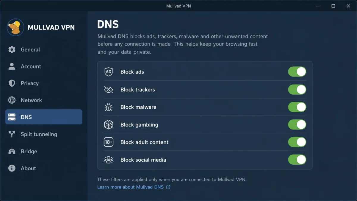 The Mullvad DNS settings pane showing individual toggle switches for ads, trackers, malware, gambling, adult content and social media blocking.