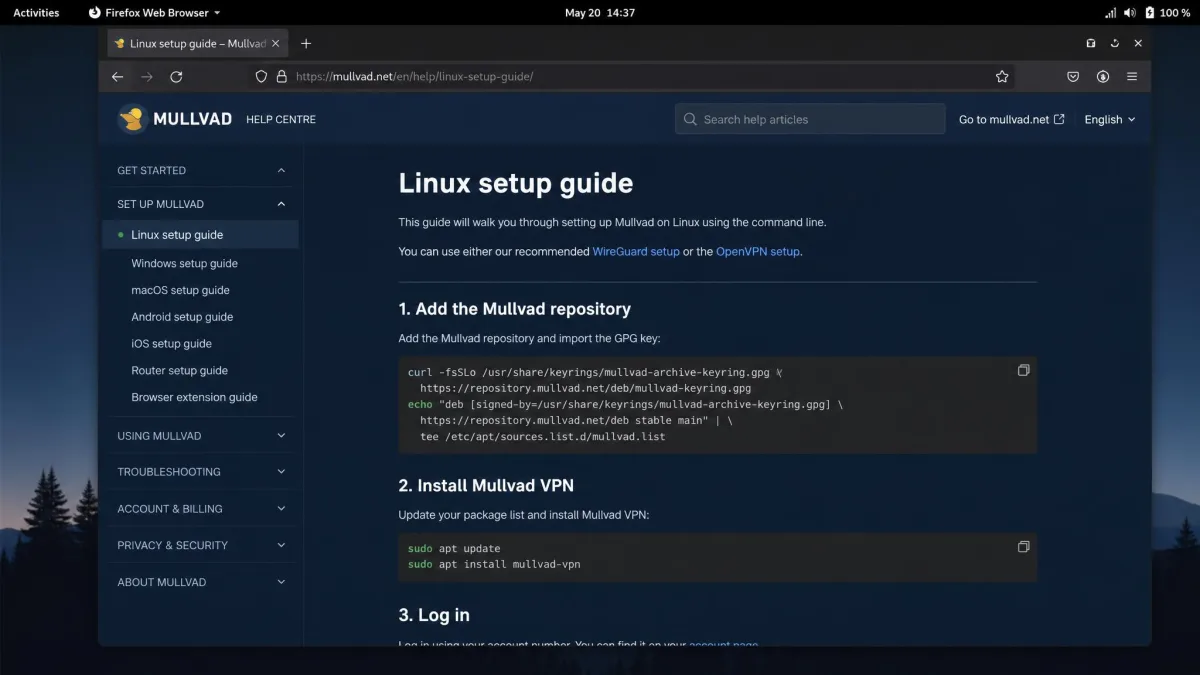 Mullvad's help centre open on a Linux setup guide, showing the distribution list in the sidebar and terminal commands in the main article body.