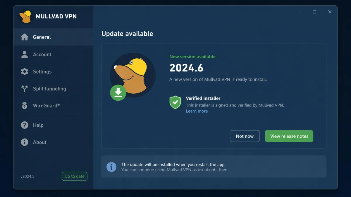 Mullvad desktop app showing an in-app update notice with a new version available and a verified installer badge before the update is applied.