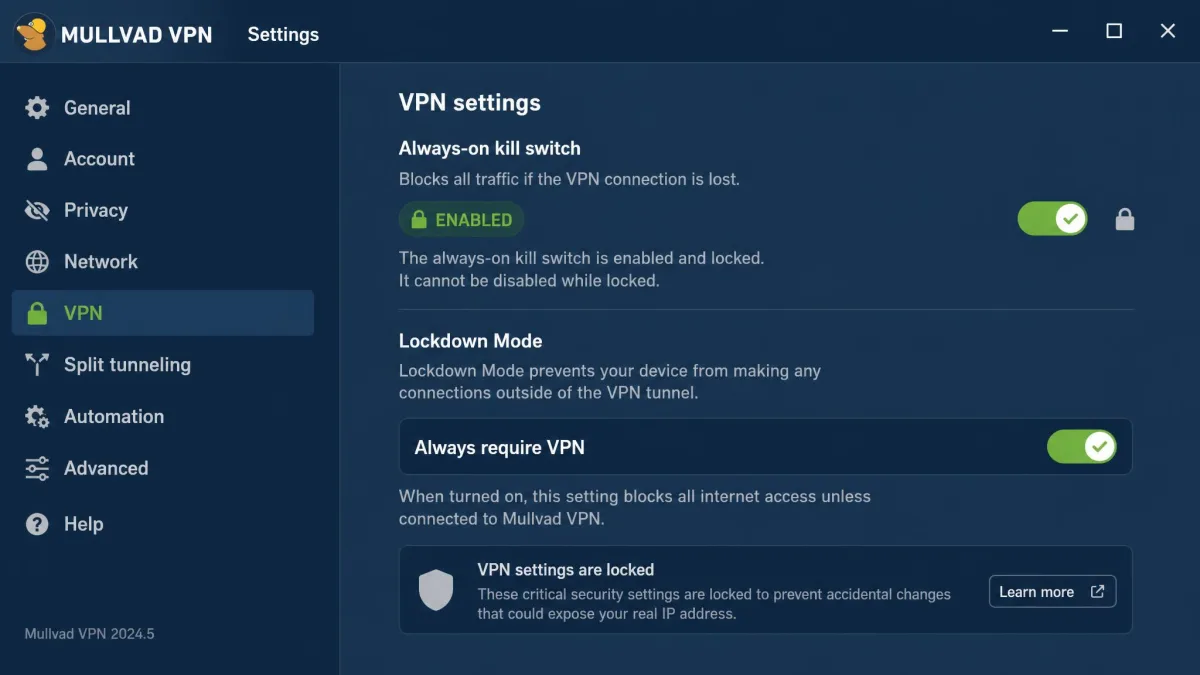 Mullvad VPN settings screen with the always-on kill switch shown as enabled and locked, and the Lockdown Mode toggle labeled Always require VPN switched on.