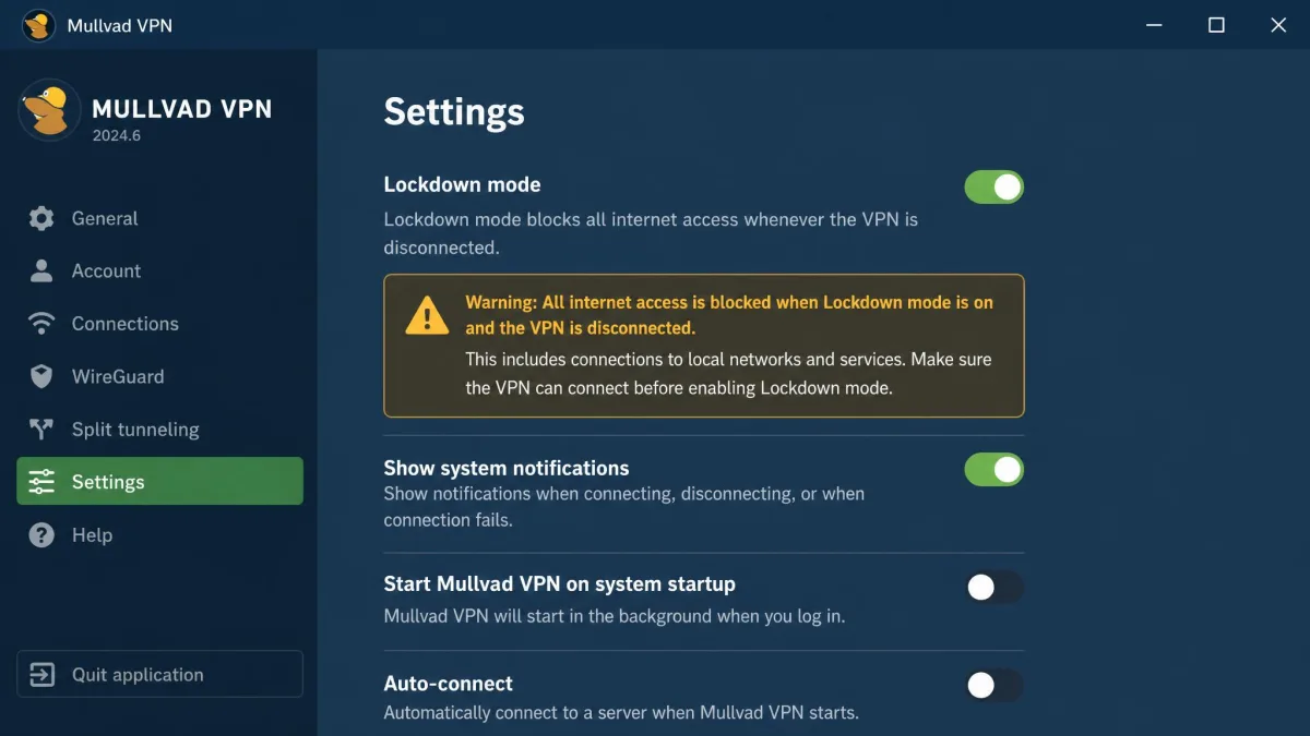The Mullvad desktop settings panel with Lockdown mode toggled on, showing the warning text explaining that all internet access is blocked whenever the VPN is disconnected.