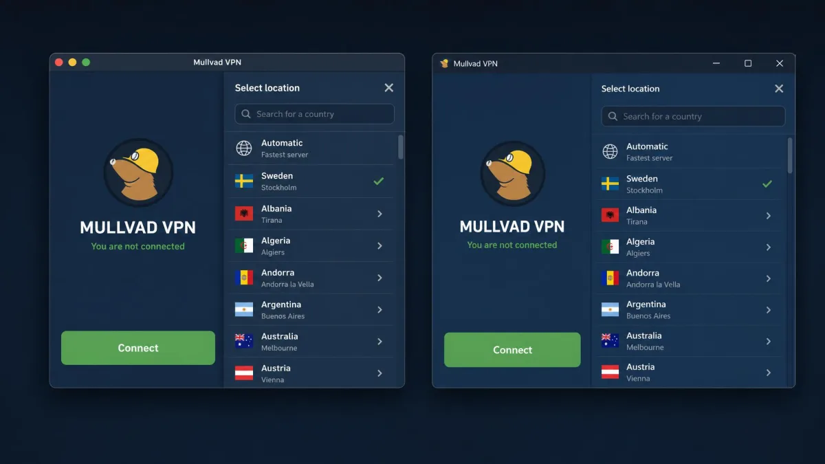 The Mullvad macOS app beside the Windows app, both showing the same single connect button layout and the country selector open on the right.